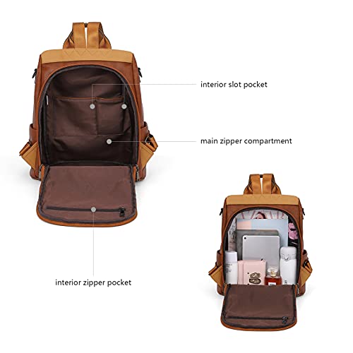 BROMEN Backpack Purse for Women Leather Anti-theft Travel Backpack Fashion Shoulder Bag Contrast Brown