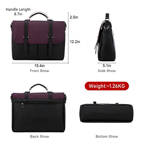Laptop Bag for Women 15.6 Inch Leather Computer Bag Waterproof Briefcase Messenger Bag for Work College, Black-Purple