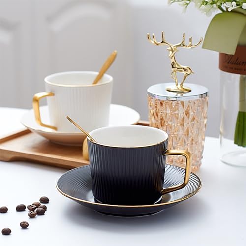 ICHAG Cups and Saucers Set of 6, Coffee Mugs, Tea Cups Set with Bowknot, Tea Set, 18-piece, Cup with 8.4oz, Golden Spoon, For Tea Party, Christmas Gifts, Gifts for Home Office
