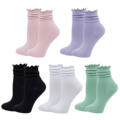 Bellady Cute Ruffle Socks for Women, Funny Cotton Crew Socks, Frilly Ankle Socks Women 5 Pairs, Green