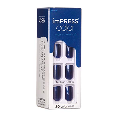 KISS imPRESS Color Press-On Manicure, Gel Nail Kit, PureFit Technology, Short Length, “Never Too Navy”, Polish-Free Solid Color Mani, Includes Prep Pad, Mini File, Cuticle Stick, and 30 Fake Nails