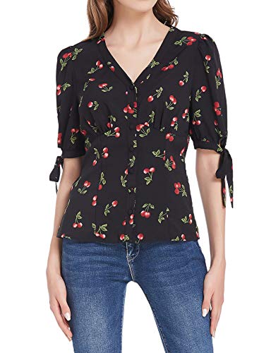 V Neck Puff Sleeve Tops for Women Work Black Vintage Cherry Shirt S