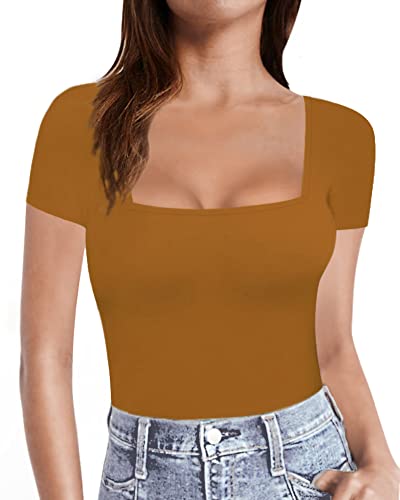 MANGOPOP Womens Short Sleeve/Long Sleeve Square Neck T Shirts Tops Tees (Short Sleeve Camel, Medium)