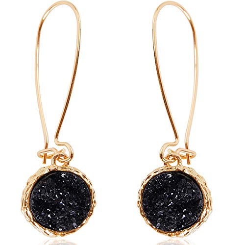 Humble Chic Simulated Druzy Threaders - Boho Glitter Upside-Down Long Hoop Dangle Drop Earrings for Women, Gold - Black Stone