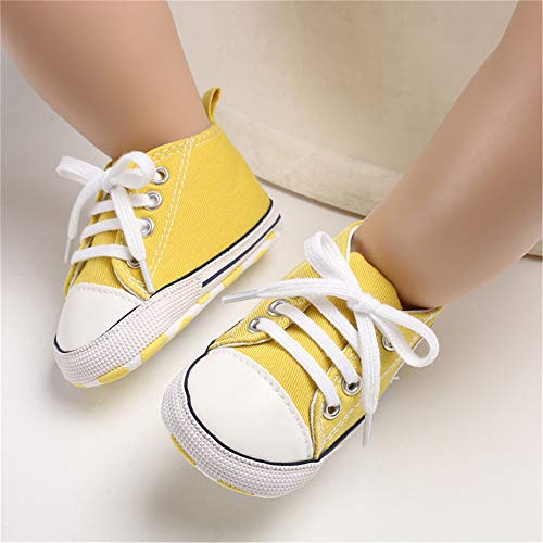 Baby or Toddler Girls or Boys Canvas Sneakers, Soft Sole, High Top First Walkers Shoes, 22 colors  (Yellow)