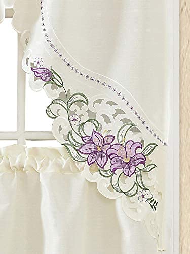 GOHD - Lily Fragrance. 3pcs Multi-Color Embroidery Kitchen Curtain/ Cafe Curtain / Swag & Tiers Set with cutworks. (Purple)