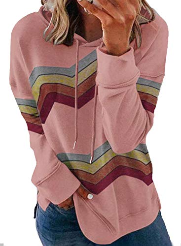 GOLDPKF Womens Pullover Hooded Sweatshirts Long Sleeve Shirts Striped Color Block Cowl Neck Lightweight Sweater on Outside Hoodie Pink Small