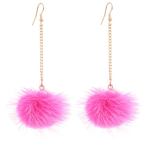 Cute Rabbit Fur Pompom Drop Earring w/Gold Chain  (4 colors)