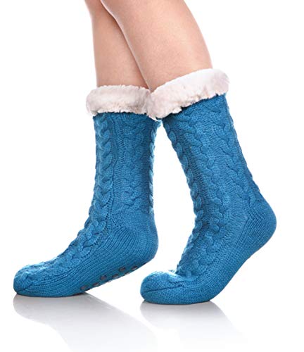 SDBING Women's Winter Super Soft Warm Cozy Fuzzy Fleece-Lined with Grippers Slipper Socks (Turquoise)