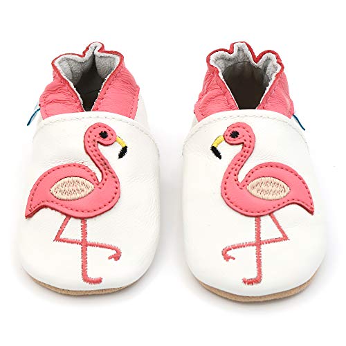 Dotty Fish Soft Leather Infant Shoes Girls pre-Walkers. White with Pink Flamingo. 0-6 Months