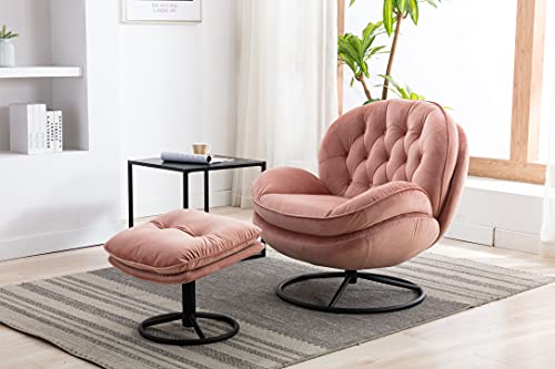 Baysitone Accent Chair with Ottoman,360 Degree Swivel Velvet Accent Chair, Lounge Armchair with Metal Base Frame for Living Room, Bedroom, Reading Room, Home Office (Pink)