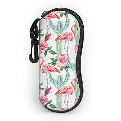 Pink Flamingo Eyeglasses Case With Carabiner Watercolor Cactus Red Roses Sunglasses Soft Case Ultra Lightweight Neoprene Zipper Eyewear Soft Bag