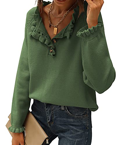 Women's Long-Sleeve Buttoned Top Ruffled V-Neck Pullover Sweater Top  (17 colors)