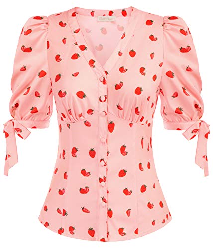 V Neck Puff Sleeve Tops for Women Work Vintage Strawberry Shirt S