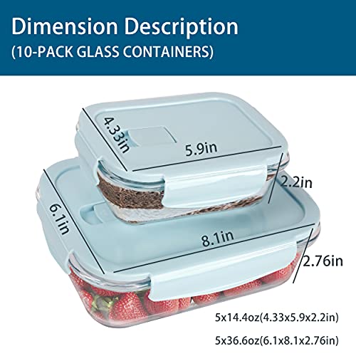 [10 Packs, 20 Pieces] Glass Food Storage Containers with Lids (Built in Vent), Airtight Meal Prep Containers, Glass Bento Boxes for Home Kitchen, BPA Free & Leak Proof (10 lids & 10 Containers) - Blue