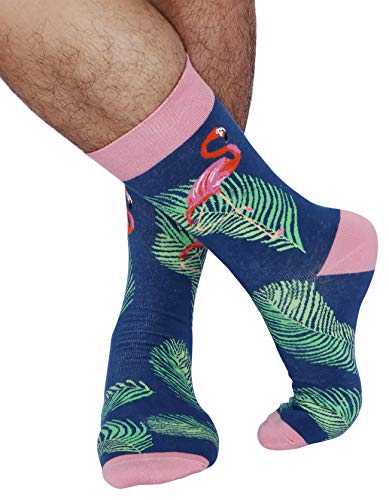 Men's Fun And Colored Dress Socks, Casual Flamingos Hawaiian Pattern Crew Socks