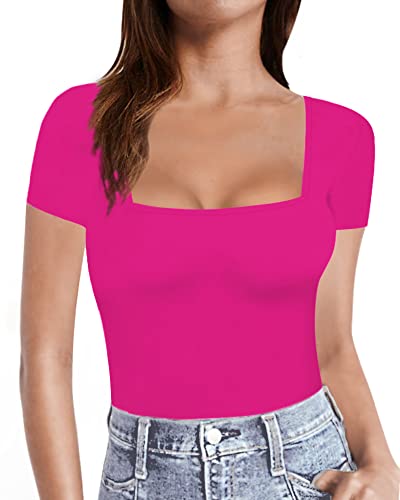 MANGOPOP Womens Short Sleeve/Long Sleeve Square Neck T Shirts Tops Tees (Short Sleeve Rose Pink, Medium)