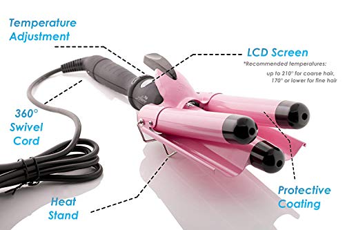 Three Barrel Curling Iron Wand with LCD Temperature Display, 1-Inch Ceramic Tourmaline Barrels, Dual Voltage  (3 colors)