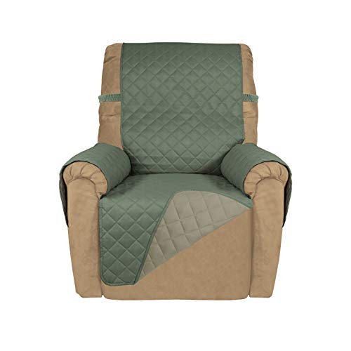 PureFit Reversible Quilted Recliner Sofa Cover, Water Resistant Slipcover Furniture Protector, Washable Couch Cover with Elastic Straps for Kids, Dogs, Pets (Recliner, Greyish Green/Beige)