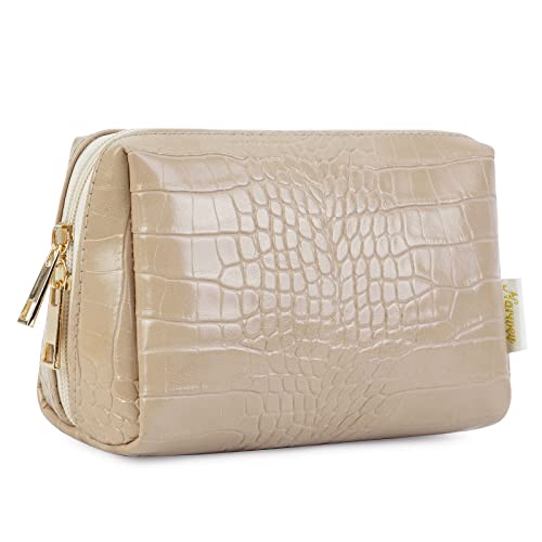 Narwey Small Vegan Leather Makeup Bag Zipper Pouch Travel Cosmetic Organizer for Women and Girls (Small, Brown-1)