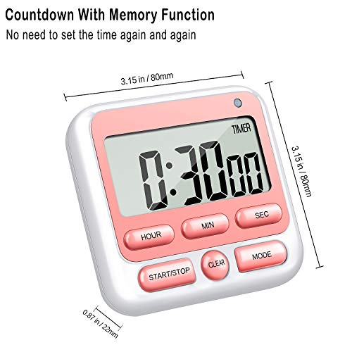 KTKUDY Digital Kitchen Timer with Mute/Loud Alarm Switch ON/Off Switch, 24 Hour Clock & Alarm, Memory Function Count Up & Count Down for Kids Teachers Cooking, Large LCD Display, Strong Magnet (Pink)