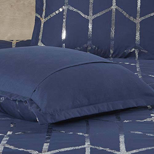 Intelligent Design Raina Comforter Microfiber Metallic Print Geometric, Embroidered Toss Pillow Modern Trendy Casual All Season Bedding Set with Matching Sham, Full/Queen, Navy/Silver 5 Piece