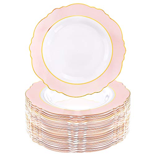 60-Pcs Baroque Pink & Gold Plastic Disposable Dinner Plates