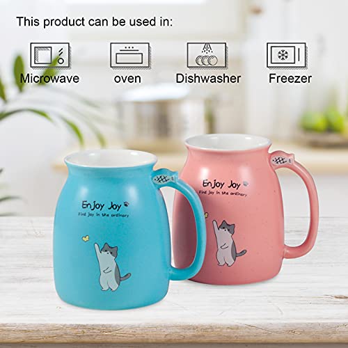 Feify Cute Cat Cup Ceramic Coffee Mug with Kawaii Cat Wooden Lid, Lovely Stainless Steel Spoon, Anime Kitty Thicken Wooden Coaster, Christmas Birthday Gift Cute Thing Japanese Mug 480ML(Pink)