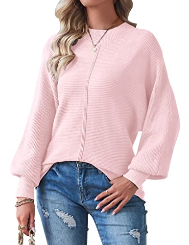 TECREW Womens Long Sleeve Crew Neck Ribbed Knit Solid Color Cozy Pullover Sweater Top, Pink, Small