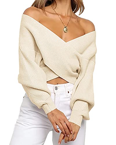 BTFBM Women Casual V Neck Long Sleeve Sweaters Cross Wrap Front Off Shoulder Asymmetric Hem Knitted Crop Solid Pullover(Solid Apricot, X-Large)