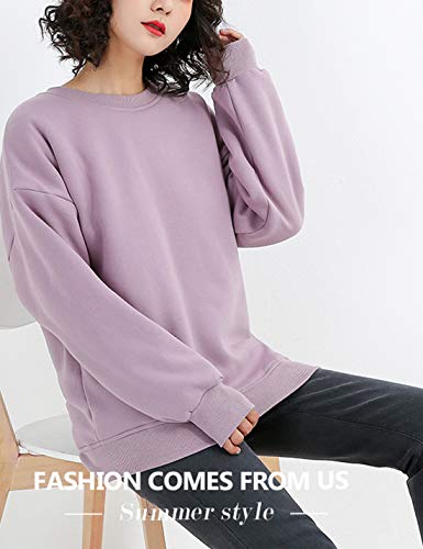 Women's Loose Fleece Pullover Sherpa Lined Crewneck Sweatshirt (02 Purple, Large)