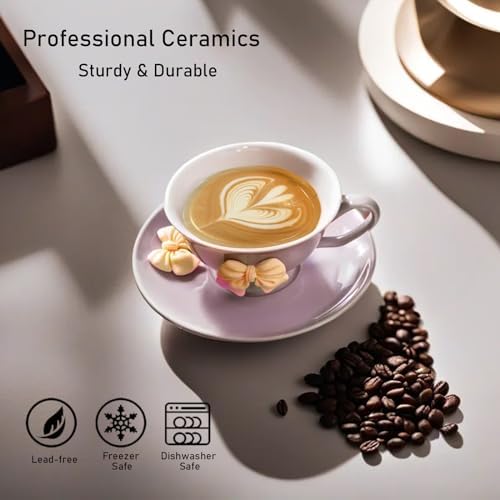 ICHAG Cups and Saucers Set of 6, Coffee Mugs, Tea Cups Set with Bowknot, Tea Set, 18-piece, Cup with 8.4oz, Golden Spoon, For Tea Party, Christmas Gifts, Gifts for Home Office