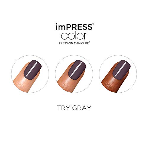 KISS imPRESS Color Press-On Manicure, Gel Nail Kit, PureFit Technology, Short Length, “Try Gray”, Polish-Free Solid Color Mani, Includes Prep Pad, Mini File, Cuticle Stick, and 30 Fake Nails