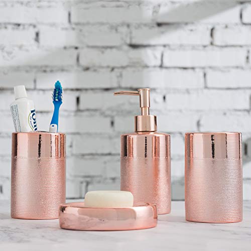 MyGift 4-Piece Rose Gold Modern Textured Ceramic Bathroom Set with Soap Dish, Pump Dispenser, Toothbrush Holder & Tumbler