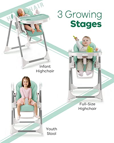 HEAO Baby High Chair 360° Rotating Wheels - Green Highchair 7 Heights Adjustable - 5 Positions Recline Baby highchair - Foldable High Chairs for Babies and Toddlers