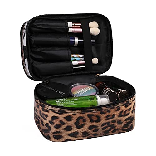 imerelez Double-layer Cosmetic Bag Toiletry Bag Large Travel Makeup Pouch Organizer Bag for Girls Women, Portable Waterproof Foldable (Leopard)­