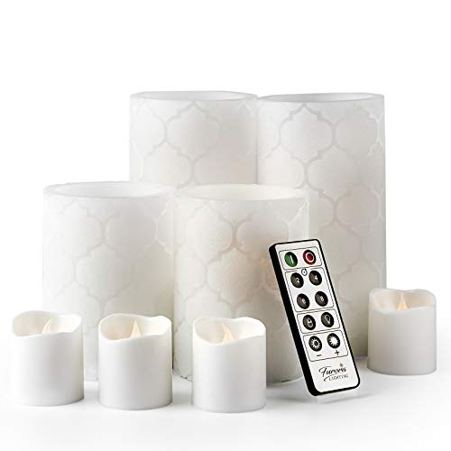 Set of 8 Real Wax Nordic Tile Pillar & Votive Flickering LED Flameless Candles w/Remote & Timer  (4 colors)