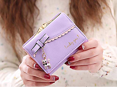 UTO Women's Trifold Wallet Cute Kitty Bowknot Card Holder Small Coin Purse Light Purple