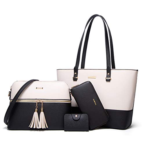 Women's Two-Tone Black & Beige 4-Piece Tote Bag, Shoulder Handbag, Clutch Wallet & Card Holder Set  (9 colors)