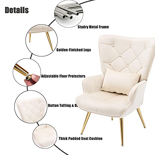 Altrobene Modern Accent Chair, Velvet Lounge Chair, Living Room/Bedroom Arm Chair with Pillow, Button Tufted, Golden Finished, Beige
