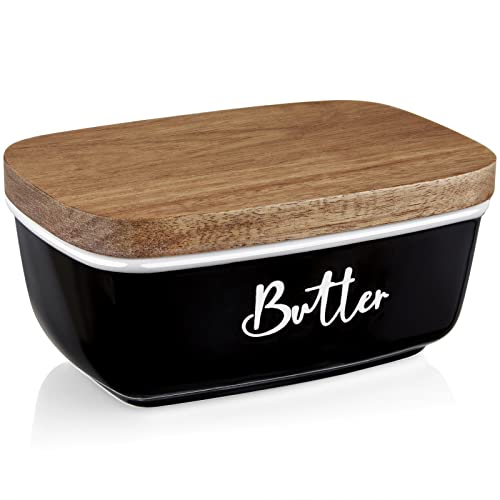 Black Butter Dish, ALELION Large Ceramic Butter Dish with Lid for Countertop, Butter Keeper Container with Acacia Wooden Lid, Kitchen Decor and Accessories for Counter