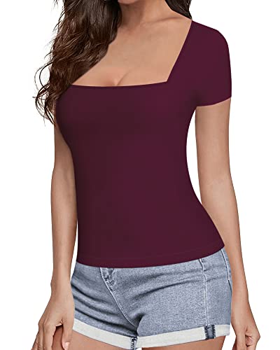 MANGOPOP Womens Short Sleeve/Long Sleeve Square Neck T Shirts Tops Tees (Short Sleeve Burgundy, Medium)