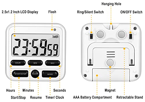 KTKUDY Digital Kitchen Timer with Mute/Loud Alarm Switch ON/Off Switch, 24 Hour Clock & Alarm, Memory Function Count Up & Count Down for Kids Teachers Cooking, Large LCD Display, Strong Magnet (White)