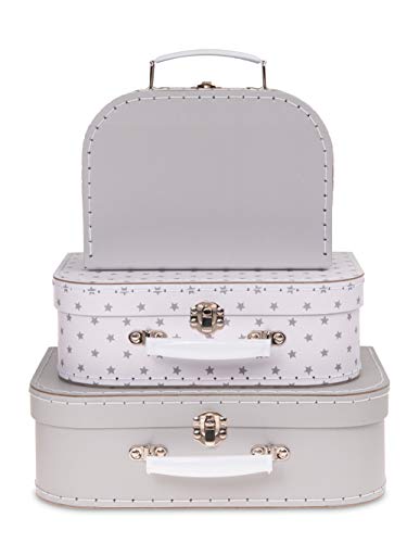 Jewelkeeper Paperboard Suitcases, Set of 3 – Nesting Storage Gift Boxes for Birthday Wedding Easter Nursery Office Decoration Displays Toys Photos – Gray Stars Design