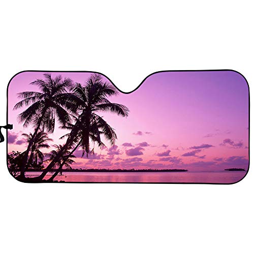 BIGCARJOB Tropical Island Sunset Auto Windshield Sun Shade for Car SUV Truck Bubble Foil Folding Accordion Tree Print