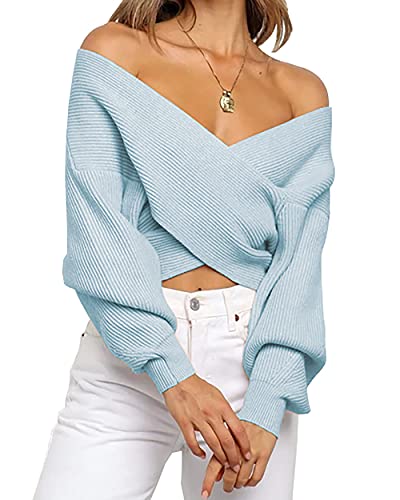 BTFBM Women Casual V Neck Long Sleeve Sweaters Cross Wrap Front Off Shoulder Asymmetric Hem Knitted Crop Solid Pullover(Solid Blue, X-Large)