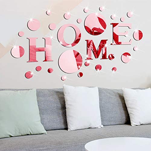 Home Sign Letters Acrylic Mirror Wall Stickers Solid Circle Wall Stickers 3D Mirror Wall Decals DIY Removable Mirror Wall Stickers for Home Living Room Decoration (Rose Gold)