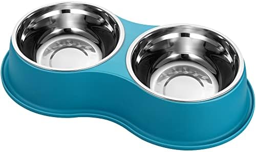 Dog or Cat Food and Water Bowl, Spill Proof, Non-Skid Stainless Steel Split Double Bowl for Pets (7 colors)