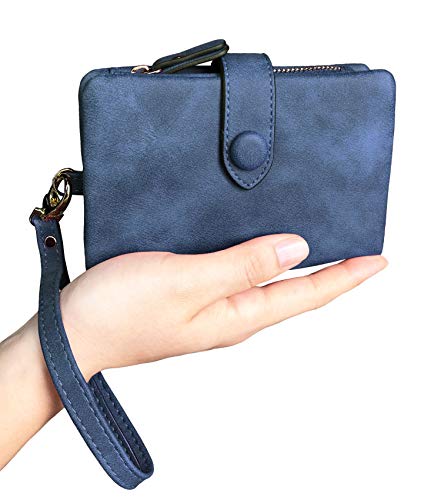Womens Small Bifold Leather Wallets Rfid Ladies Wristlet with Card slots id window Zipper Coin Purse (Blue)