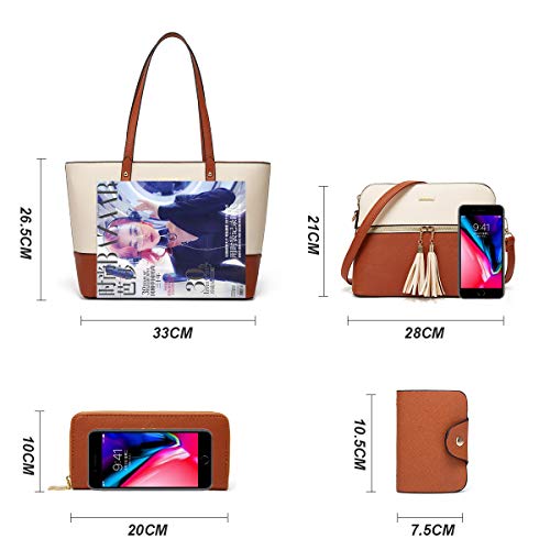 Women's Two-Tone Brown & Beige 4-Piece Tote Bag, Shoulder Handbag, Clutch Wallet & Card Holder Set  (9 colors)